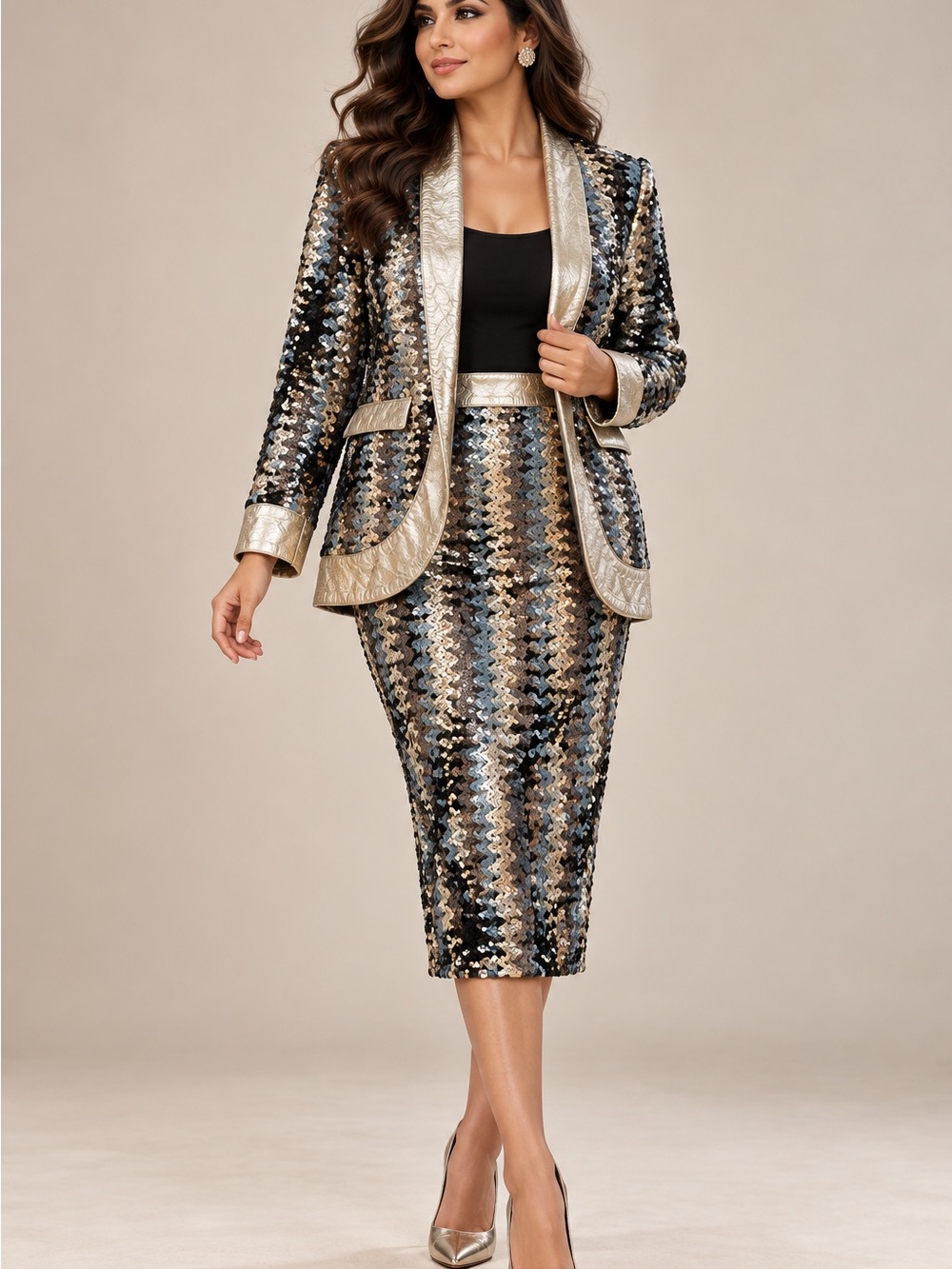 Metallic Sequin Pencil Skirt Set in Blue and Silver